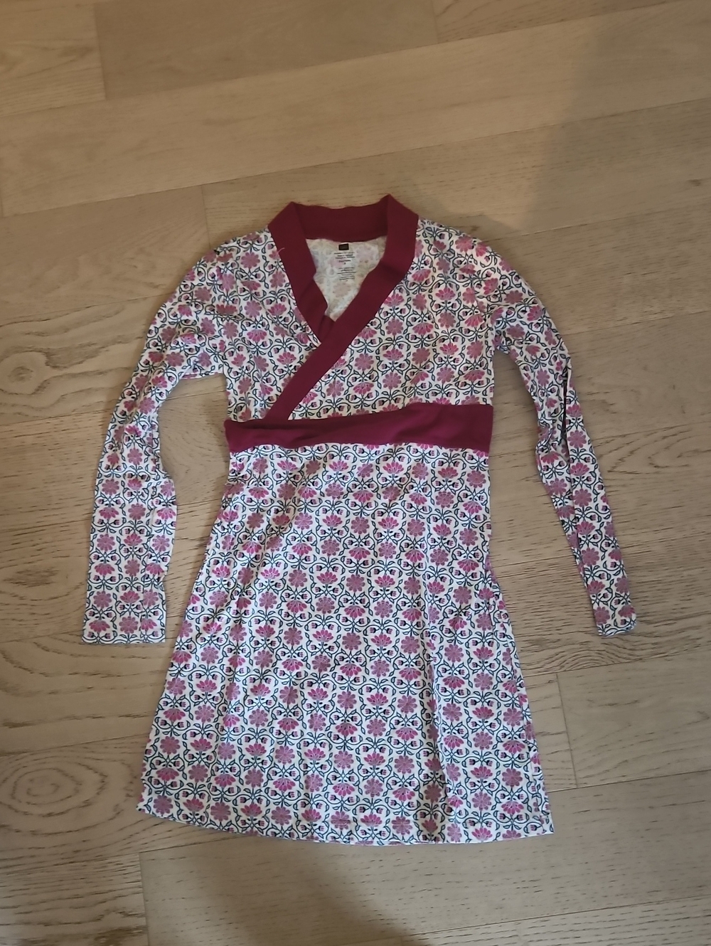 Girls Tea Collection Pink Floral Wrap Dress with Burgundy Trim